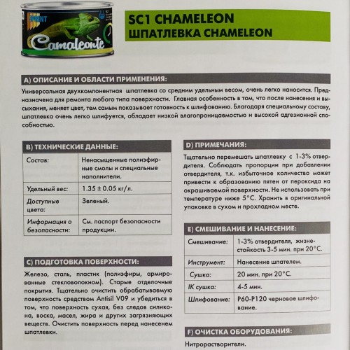 Шпатлевка SC1 SPRINT Chameleon облегченная, полиэфирная, уп.1л/1,35кг